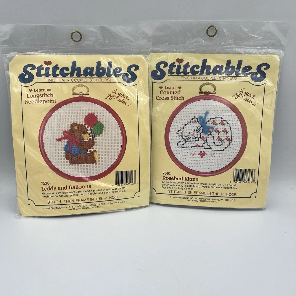 NEW Vintage 80s Stitchables Lot of 2 Cross Stitch Needlepoint Kit Kitty Cat Bear